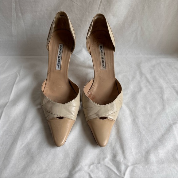 Manolo Blahnik Cream Two Tone Leather Pointed Toe Sling Back Strap Heel Size 38 - Picture 3 of 5